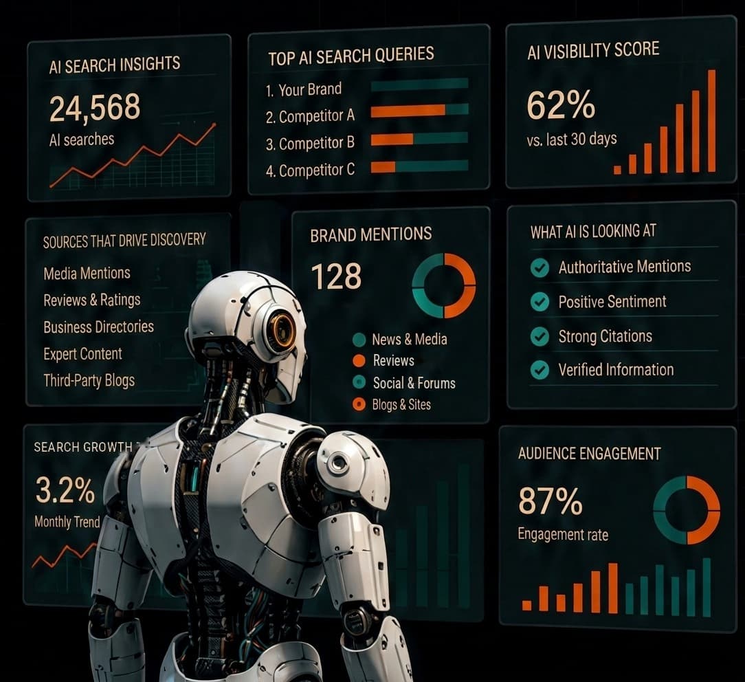A humanoid robot seen from behind, facing a wall of dashboards reporting AI search insights, brand mentions and AI visibility scores